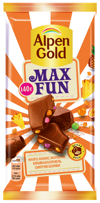 Alpen Gold MaxFun молочный шоколад, c фруктовыми кусочками, со вкусом манго, ананаса, маракуйи, с ши