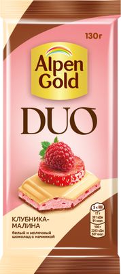 Шоколад Alpen Gold DUO белый и молочный с клубничной начинкой и фруктовыми кусочками, 130г