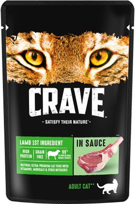 Корм консервированный полнорационный CRAVE для взрослых кошек с ягнёнком в соусе, 70г