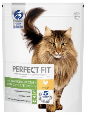 Cухой корм PERFECT FIT для стерилизованных кошек старше 7 лет, с курицей, 650г