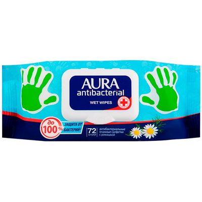Влажные салфетки AURA  Antibacterial 72шт Антибактериальные ромашка с крышкой