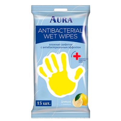 Влажные салфетки AURA стикер "рука" 15шт антибактериальные Derma Protect Лимон