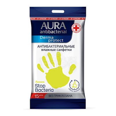 Влажные салфетки универсальные AURA Antibacterial 20шт антибактериальные Derma Protect РОМАШКА pocket-pack/48