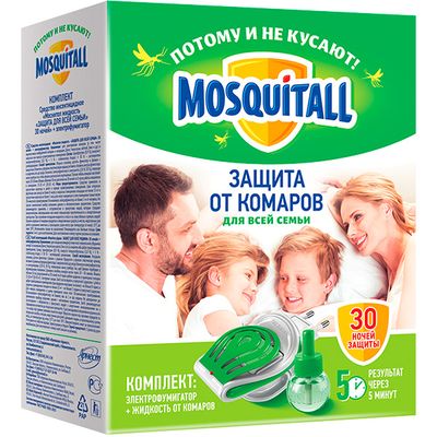 Средство от комаров, клещей и других летающих MOSQUITALL Комплект Защита для всей семьи электрофумигатор + жидкость 30 ночей от комаров 30 мл*6