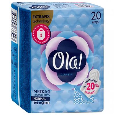 Женские гигиенические прокладки OLA! Classic Wings Singles Normal 20шт толстые Мягкая поверхность с крылышками в индивидуальной уп