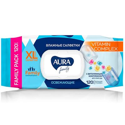 Влажные салфетки AURA Family 120шт освежающие big-pack с крышкой КК/12