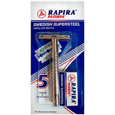 Бритевнный станок Rapira Swedish Supersteel 1шт классический Т-образный+Rapira Super Steel 5шт двухсторонние классические лезвия