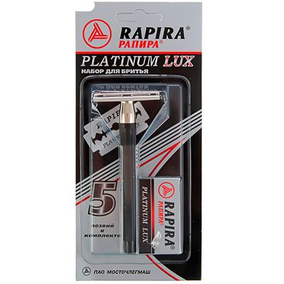 Бритевнный станок Rapira Platinum Lux 1шт классический Т-образный+Rapira Platinum Lux 5шт двухсторонние классические лезвия