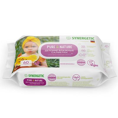 Влажные салфетки для детей SYNERGETIC Pure&Nature 60шт алоэ вера и нежный хлопок