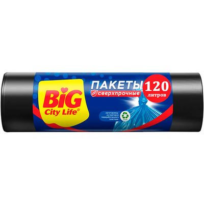 Пакеты для мусора BIG City 120л 10шт 70х110см Сверхпрочные LD чёрные/синие (30шт/ящ)