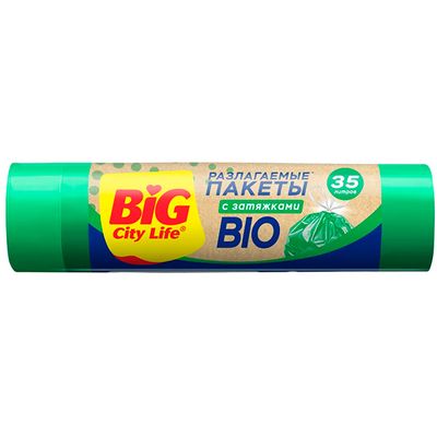 Пакеты для мусора BIG City 35л 15шт 51*53см с затяжками BIO HD зелёные (30шт/ящ)