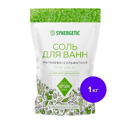 Соль для ванн SYNERGETIC 1000г Магниево-сульфатная с Маслом Эвкалипта