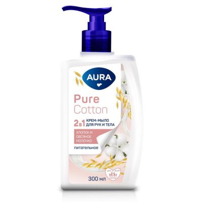 Мыло жидкое AURA Pure Cotton 300мл Крем-мыло 2в1 для рук и тела Хлопок и овсяное молочко флакон/дозатор КК/12