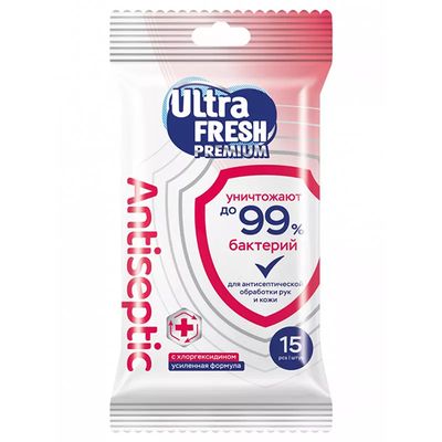 Влажные салфетки Ultra Fresh 15шт Premium Antiseptic с хлоргексидином (18 шт/ящ)