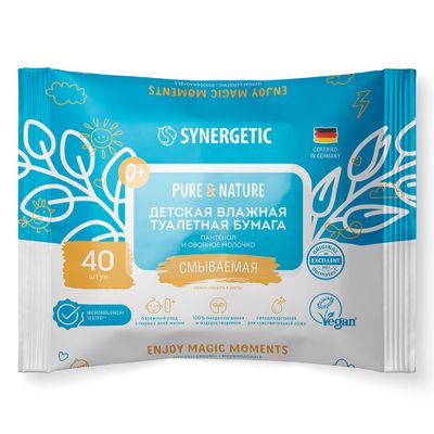 Влажная туалетная бумага SYNERGETIC 40шт Детская Pure&Nature,пантенол и овсяное молочко