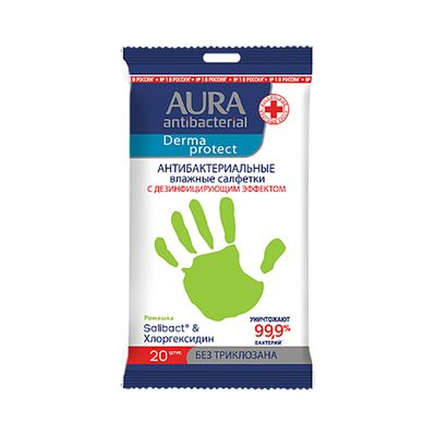 Влажные салфетки универсальные AURA  Antibacterial 20шт антибактериальные Derma Protect РОМАШКА pocket-pack/24