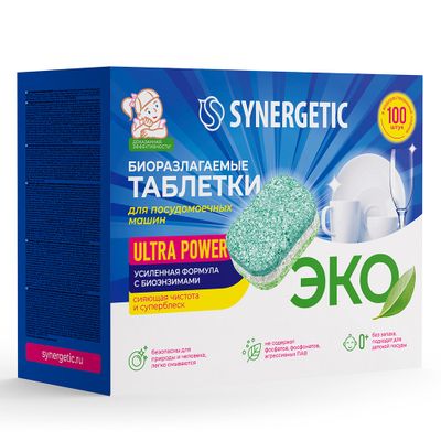 Таблетки для посудомоечных машин SYNERGETIC 100шт бесфосфатные Ultra power