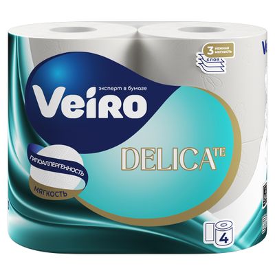 Бумага туалетная VEIRO 4шт 3сл DELICATE БЕЛЫЙ