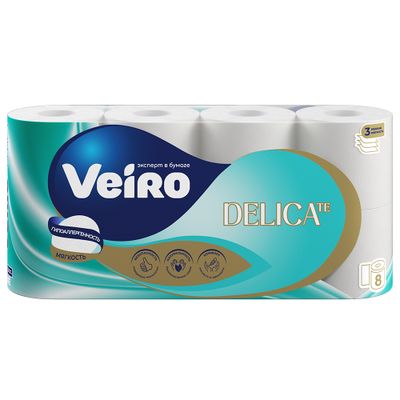 Бумага туалетная VEIRO 8шт 3сл DELICATE БЕЛЫЙ