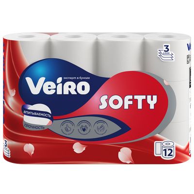 Бумага туалетная VEIRO 12шт 3сл Softy БЕЛЫЙ