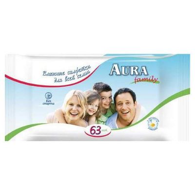 Влажные салфетки AURA 63шт Освежающие для всей семьи