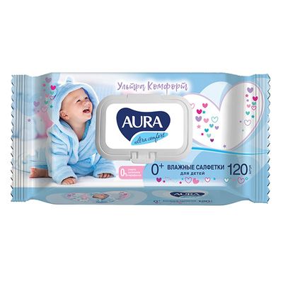Влажные салфетки для детей AURA ULTRA COMFORT 120шт с экстрактом алоэ и витамином Е с крышкой