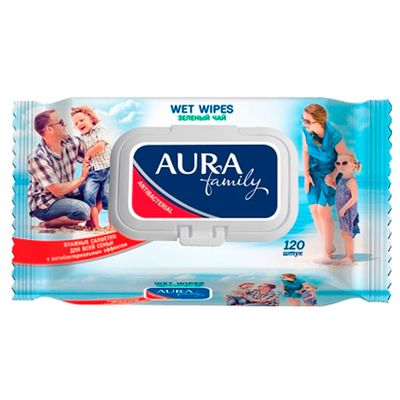 Влажные салфетки AURA Family 120шт с антибактериальным эффектом с крышкой