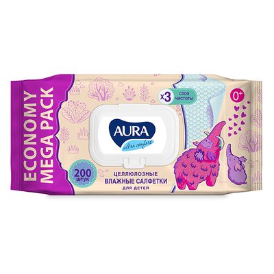 Влажные салфетки для детей AURA ULTRA COMFORT 200шт  big-pack с крышкой
