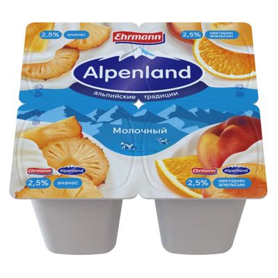 Йогуртный продукт Alpenland молочный 2,5% Ананас/Нектарин и апельсин, 95г