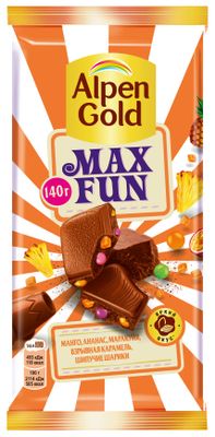 Alpen Gold MaxFun молочный шоколад, c фруктовыми кусочками, со вкусом манго, ананаса, маракуйи, с ши