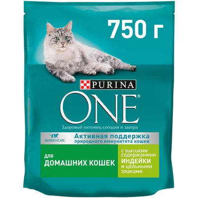 Сухой корм Purina One для домашних кошек индейка, цельные злаки 750г
