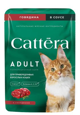 Корм Cattera консервированный полнорационный с говядиной в соусе для взрослых кошек пауч 75 гр