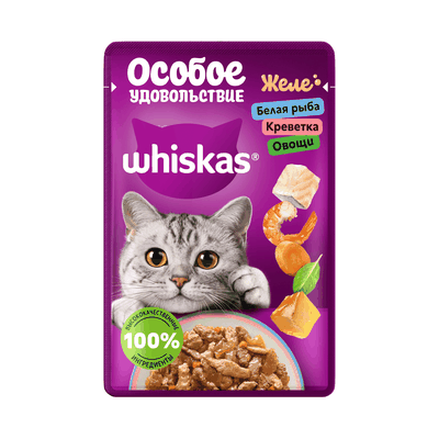 Влажный корм Whiskas для кошек Желе с белой рыбой, креветкой, овощами, 75г
