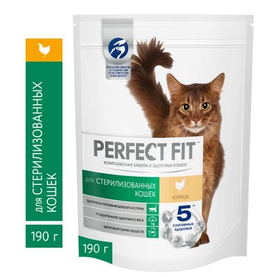 Сухой полнорационный корм PERFECT FIT для стерилизованных кошек, с курицей, 190г