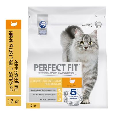 Сухой корм PERFECT FIT для взрослых кошек с чувствительным пищеварением с индейкой, 1,2кг