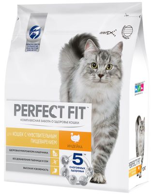 Сухой корм PERFECT FIT для взрослых кошек с чувствительным пищеварением с индейкой, 1,2кг