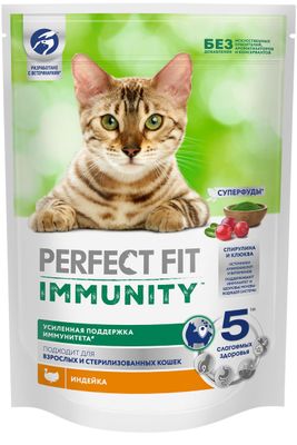 Сухой корм Perfect Fit Immunity для иммунитета кошек, индейка, спирулина и клюква, 580г