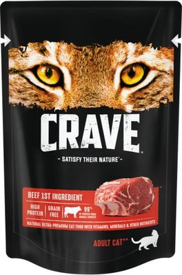 Корм консервированный полнорационный CRAVE для взрослых кошек с говядиной, 70г