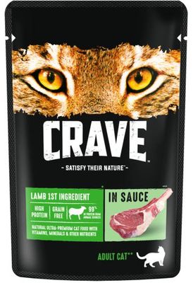 Корм консервированный полнорационный CRAVE для взрослых кошек с ягнёнком в соусе, 70г