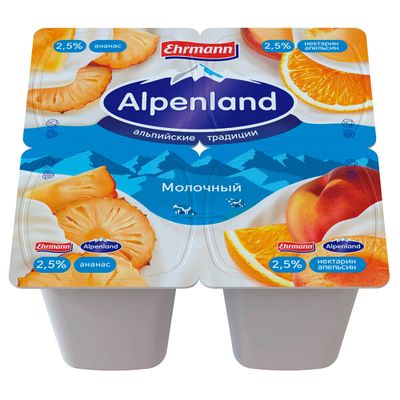 Йогуртный продукт Alpenland молочный 2,5% Ананас/Нектарин и апельсин, 95г