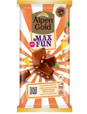 Шоколад молочный Alpen Gold Max Fun со вкусом манго, ананаса, маракуйи, с шипучими рисовыми шариками и взрывной карамелью 130г