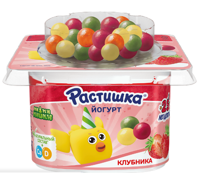 Йогурт Растишка Клубника и злаки/драже в цв.глаз.вкус.бан-апел 3% 9*116г