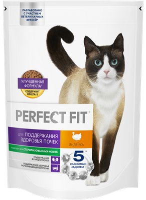 Сухой полнорационный корм PERFECT FIT Здоровье почек для взрослых кошек с индейкой, 650г