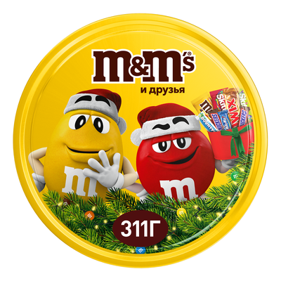 Новогодний подарок набор сладостей M&M'S и друзья Банка, набор конфет M&M'S, Snickers, Twix, Milky Way, Bounty, Skittles и настольная игра с наклейками, 311 г