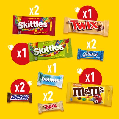 Новогодний подарок набор сладостей M&M'S и друзья Банка, набор конфет M&M'S, Snickers, Twix, Milky Way, Bounty, Skittles и настольная игра с наклейками, 311 г