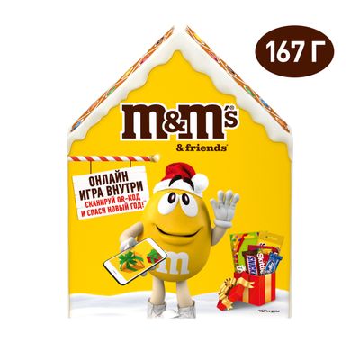 Сладкий подарок M&M's & Friends Пряничный домик на Новый Год, набор конфет M&M's, Snickers, Twix, Bounty, Milky Way с онлайн-игрой внутри 167г