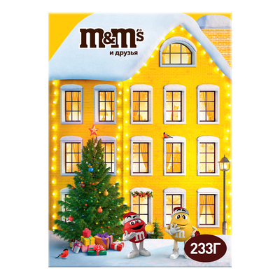 Новогодний подарок набор сладостей M&M'S и друзья Адвент-календарь на Новый Год, набор конфет M&M'S, Snickers, Twix, Bounty, Milky Way, Mars с пазлом, 233 г