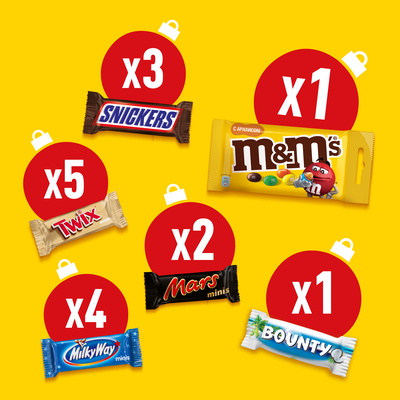 Новогодний подарок набор сладостей M&M'S и друзья Адвент-календарь на Новый Год, набор конфет M&M'S, Snickers, Twix, Bounty, Milky Way, Mars с пазлом, 233 г