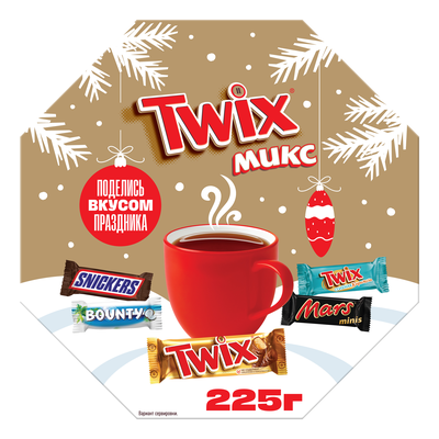 Новогодний подарок Twix микс, набор конфет Twix, Snickers, Bounty, Milky Way, Mars, Skittles, 225 г