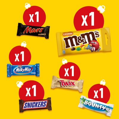 Новогодний подарок набор сладостей M&M'S и друзья Варежка, набор конфет M&M's, Mars, Bounty, Snickers, Milky Way, Twix, 120г